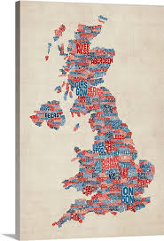 Great Britain Uk City Text Map Blue And Red Large Solid Faced Canvas Wall Art Print Great Big Canvas