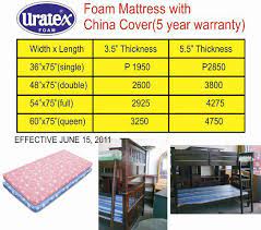 Uratex Foam Sizes And 50
