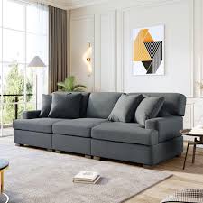 Harper Bright Designs 88 5 In W Square Arm 3 Seats Linen Sofa With Removable Back Seat Cushions And 4 Comfortable Pillows In Gray