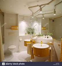 Track Lighting Above Circular Basins On Fitted Vanity Unit In Modern Stock Photo Alamy