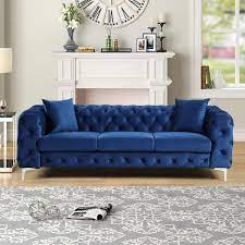 Morden Fort Modern Contemporary 85 In Sofa Couch With Deep On Tufting Dutch Velvet Solid Wood Frame And Iron Legs In Blue