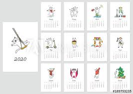 Calendar With Cute White Cats For 2020 Year Vector Template