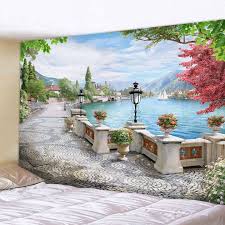 Window Tapestry View Green Plant 3d Sea