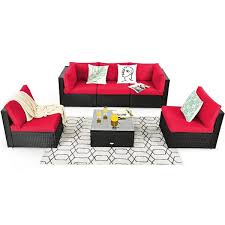 Costway 6pcs Patio Rattan Furniture Set Cushioned Sofa Coffee Table Red
