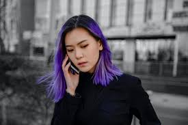 You can't not purple anyway. Woman In Black Outfit With Purple Hair Free Stock Photo