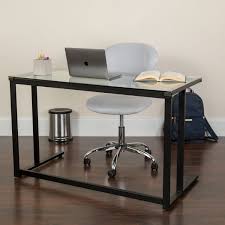 Shopping for glass table tops. Glass Top Desk With Pedestal Metal Frame Home Office Furniture Overstock 10601673