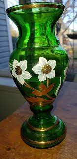 Vintage Green Glass Hand Painted Vase