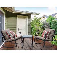 Kozyard Moana Outdoor 3 Piece Rocking Wicker Bistro Set Two Chairs And One Glass Coffee Table Black Wicker Furniture Taupe Cushion Red Stripe Pillow
