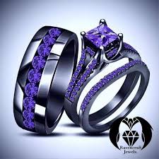 Luxury fashion his and hers couple rings mens stainless steel womens infinity princess eternity wedding band ring set. Black Gold His And Hers Purple Amethyst Engagement Ring Set Etsy