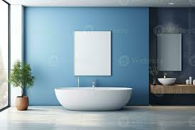 blue walls tiled floor white bathtub