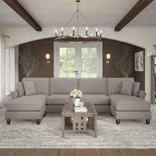 Bush Furniture Coventry 131w Sectional Couch With Double Chaise Lounge In Beige Herringbone