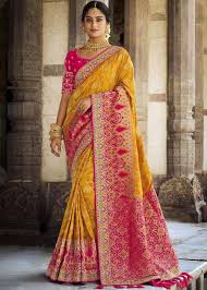 yellow bridal banarasi silk saree with