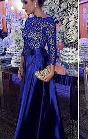 3 4 Sleeves Lace Taffeta Long Prom Dress Royal Blue Formal Evening