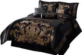Set includes 1 comforter 2 shams 1 bedskirt 2 euro shams 3 decorative pillows 100% polyester face with 180tc 50/50cotton poly backing. Amazon Com Chezmoi Collection 7 Piece Jacquard Floral Comforter Set Bed In A Bag Set Queen Black Gold Home Kitchen
