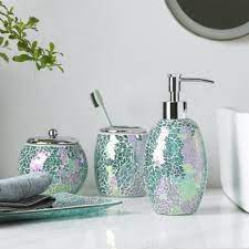 The most common sea glass bathroom set material is glass. 4 Pieces Bathroom Accessory Set Bright Colored Mosaic Glass Bath Ensemble Lotion Dispenser Toothbrush Holder Cotton Jar Vanity Tray Green Walmart Com Glass Mosaic Bathroom Bathroom Accessory Set Bathroom Accessories