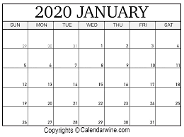 January 2020 Calendar Template Word Pdf Excel Format