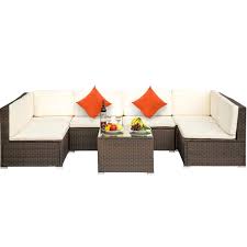 The most popular materials to choose from are metal, wicker and wood. Clearance Outdoor Patio Conversation Furniture Sets 7 Piece Wicker Patio Conversation Furniture Set W 2 Corner Sofa Tempered Glass Table 4 Single Sofa 12 Padded Cushions 2 Pillows White S5160 Walmart Com Walmart Com