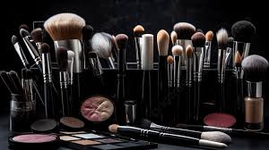 lots of makeup brushes on a black table