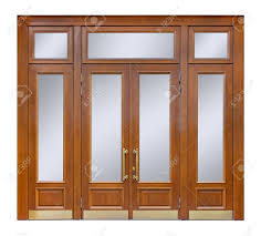 Wide Wooden Entry With Clear Glass Windows And Double Door With