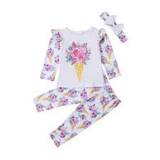 Sweet Kids Baby Girls Clothing Set Floral Ice Cream Tops T Shirt Long Sleeve Pants Headbands Outfits Clothes 0 5t