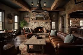 Large Stone Fireplace And Leather Sofas