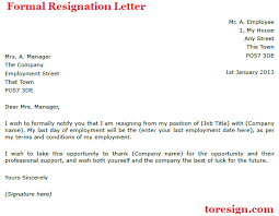 Example Good Formal Resignation Letter Template Writing Thank You