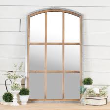 wood and metal window pane mirror with