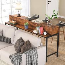 Catalin 71 In Rustic Brown Rectangle Wood Console Table With Storage 2 Tier Long Narrow Bar Table Behind Couch Sofa