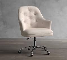 Chairs have rolling wheels underneath. Everett Upholstered Swivel Desk Chair Pottery Barn