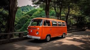 an orange vw bus sitting on a road