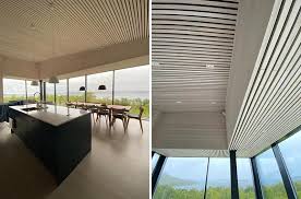 wood slats cover the ceiling of this