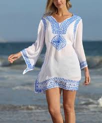 Anandas Collection White Blue Embroidered Dress Women