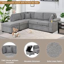 87 4 In L Shaped Linen Sectional Sofa In Gray Convertible Sofa Bed With Storage Ottoman Charging Ports And Cup Holder