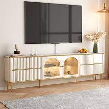White Glass Door Fluted Stone Tv Stand