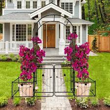 86 6 In X 79 5 In Metal Garden Arch Arbor Outdoor Plants Support Arch With Gate And Side Planter Baskets