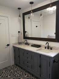 This 60 inch double sink model comes with a reinforced acrylic composite sink, marine veneer constructed console that is fully moisture and water proof, with. Grey Bathroom Vanity With Black And White Tile White Bathroom Tiles Small White Bathrooms Small Bathroom Remodel