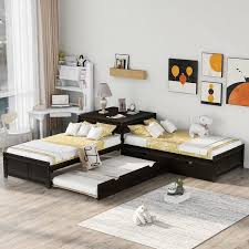 Harper Bright Designs L Shaped Espresso Twin Platform Bed With Trundle And Drawers Linked With Built In Desk Brown