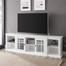 Welwick Designs 80 In White Transitional Wood And Glass Door Tv Stand With Cable Management Max Tv Size 88 In