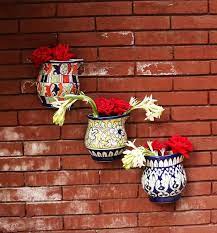 Set Of 3 Blue Pottery Wall Planters