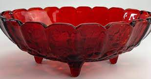 Large Red Glass Bowl Vintage 4 Footed