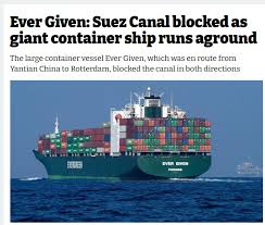 A giant container ship named ever given, owned by the evergreen company, is currently completely blocking the suez canal. Ai5ezmzgg2oixm