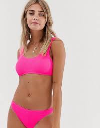 New Look Shirred Bikini Top In Neon Pink In 2019 Bikini
