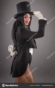 female magician in performer suit with
