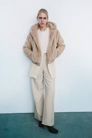 Faux Fur Hooded Jacket Sand Zara