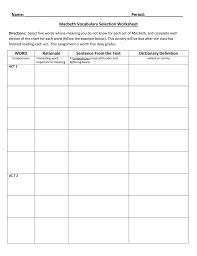 Name Period Macbeth Vocabulary Selection Worksheet Word Ratio