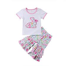 Cute Toddler Kids Baby Girls Easter Outfits Clothes Short Sleeve T Shirt Tops Ruffle Floral Pants 2pcs Sets