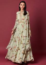 Partywear floral anarkali gown : Buy Tea Green Anarkali Suit In Georgette With Floral Print And Embroidery Work