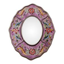 Purple Colonial Wreath Reverse Painted Glass Wall Mirror Novica