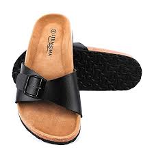 Seranoma Womens Open Toe Adjustable Buckle Slip On Slide Flat Footed Cork Sandal Comfortable Footbed Metal Buckle