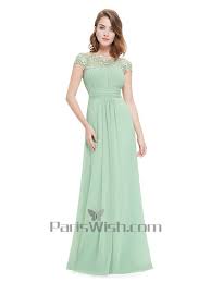 Chiffon Beaded Lace Cap Sleeves Light Green Best Bridesmaid Dresses